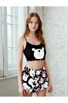 Kadın Ayıcıklı Yazlık Şortlu Askılı Kolsuz Desenli Mini Crop Pijama Takımı