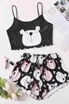 Kadın Ayıcıklı Yazlık Şortlu Askılı Kolsuz Desenli Mini Crop Pijama Takımı