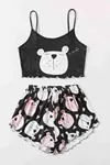 Kadın Ayıcıklı Yazlık Şortlu Askılı Kolsuz Desenli Mini Crop Pijama Takımı