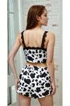 Kadın Siyah Beyaz Yazlık Şortlu Askılı Kolsuz Desenli Mini Crop Pijama Takımı