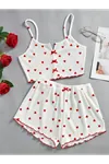Kadın Kalpli Yazlık Şortlu Askılı Kolsuz Desenli Beyaz Mini Crop Pijama Takımı