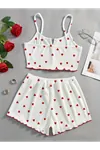 Kadın Kalpli Yazlık Şortlu Askılı Kolsuz Desenli Beyaz Mini Crop Pijama Takımı