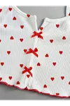 Kadın Kalpli Yazlık Şortlu Askılı Kolsuz Desenli Beyaz Mini Crop Pijama Takımı