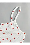 Kadın Kalpli Yazlık Şortlu Askılı Kolsuz Desenli Beyaz Mini Crop Pijama Takımı
