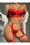 Women's Red Chain Sexy Fantasy Bra, Thong, and Garter Lingerie Set