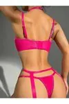 Kadın Fuşya Zincirli Seksi Fantezi Sütyen String Jartiyer İç Çamaşırı Takımı