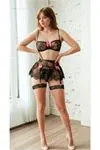 Women's Black Chain Sexy Fantasy Bra, Thong, and Garter Lingerie Set