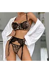 Women's Leopard Print Lace Detail Sexy Bra, Thong, and Garter Belt Fantasy Lingerie Set