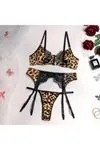 Women's Leopard Print Lace Detail Sexy Bra, Thong, and Garter Belt Fantasy Lingerie Set
