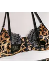 Women's Leopard Print Lace Detail Sexy Bra, Thong, and Garter Belt Fantasy Lingerie Set