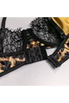 Women's Leopard Print Lace Detail Sexy Bra, Thong, and Garter Belt Fantasy Lingerie Set
