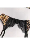 Women's Leopard Print Lace Detail Sexy Bra, Thong, and Garter Belt Fantasy Lingerie Set