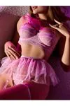 Kadın Pembe Seksi Etekli Sütyen String Balenli Fantezi İç Çamaşır Takımı