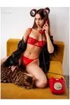 Women's Red Bow Detailed Sexy Fantasy Bra Thong Panty Lingerie Set