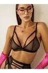 Kadın Siyah Seksi Fileli Fantezi Jartiyer Sütyen String İç Çamaşır Takımı