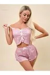 Kadın Kalpli Yazlık Şortlu Askılı Kolsuz Desenli Pembe Mini Crop Seksi Pijama Takımı