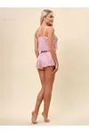 Kadın Kalpli Yazlık Şortlu Askılı Kolsuz Desenli Pembe Mini Crop Seksi Pijama Takımı