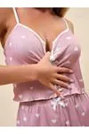 Kadın Kalpli Yazlık Şortlu Askılı Kolsuz Desenli Pembe Mini Crop Seksi Pijama Takımı