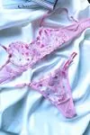 Kadın Pembe Kalpli Sütyen String Seksi Transparan Fantezi İç Çamaşırı Takımı