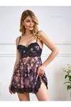 Kadın Seksi Dantelli Transparan Mini Tül Siyah Fantezi Gecelik String Takım