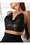 Kadın Siyah Parlak Taşlı Payetli Mini Crop Kayık Yaka Seksi Zincirli Bluz Zırh Büstiyer