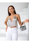 Kadın Gri Gümüş Parlak Taşlı Payetli Mini Crop Kayık Yaka Seksi Zincirli Bluz Zırh Büstiyer