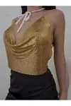 Kadın Gold Parlak Taşlı Payetli Mini Crop Kayık Yaka Seksi Zincirli Bluz Zırh Büstiyer
