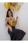 Kadın Gold Parlak Taşlı Payetli Mini Crop Kayık Yaka Seksi Zincirli Bluz Zırh Büstiyer