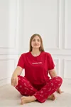 Kadın Desenli Kısa Kollu Esnek Yumuşak Dokulu Milan Kumaş Kırmızı Yazlık Büyük Beden Pijama Takımı