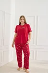 Kadın Desenli Kısa Kollu Esnek Yumuşak Dokulu Milan Kumaş Kırmızı Yazlık Büyük Beden Pijama Takımı