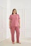 Kadın Kiraz Desenli Pembe Kısa Kollu Esnek Dokulu Milan Kumaş Yazlık Büyük Beden Pijama Takımı