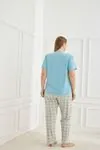 Kadın Ekose Desenli Mavi Kısa Kollu Yumuşak Dokulu Milan Kumaş Yazlık Büyük Beden Pijama Takımı