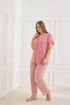 Kadın Milan Kumaş Gömlek Yaka Esnek Kısa Kollu Yumuşak Dokulu Pembe Yazlık Büyük Beden Pijama Takımı