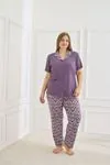 Kadın Milan Kumaş Önden Düğmeli Kısa Kollu Yumuşak Dokulu Mor Yazlık Büyük Beden Pijama Takımı