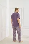 Kadın Milan Kumaş Önden Düğmeli Kısa Kollu Yumuşak Dokulu Mor Yazlık Büyük Beden Pijama Takımı