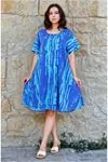 Women's Plus Size Blue Print Viscose Midi Dress — Square Neck & Short Sleeve