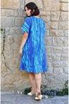 Women's Plus Size Blue Print Viscose Midi Dress — Square Neck & Short Sleeve