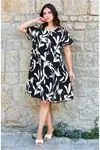 Women's Plus Size Black & White Leaf Print Viscose Midi Dress — Square Neck & Short Sleeve