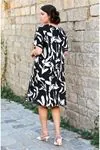 Women's Plus Size Black & White Leaf Print Viscose Midi Dress — Square Neck & Short Sleeve