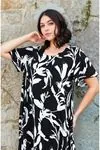 Women's Plus Size Black & White Leaf Print Viscose Midi Dress — Square Neck & Short Sleeve
