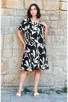 Women's Plus Size Black & White Leaf Print Viscose Midi Dress — Square Neck & Short Sleeve