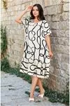 Women's Plus Size Ecru & Black Print Viscose Dress — Short Sleeve, Pockets & Frill Hem