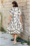 Women's Plus Size Ecru & Black Print Viscose Dress — Short Sleeve, Pockets & Frill Hem