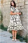 Women's Plus Size Ecru & Black Print Viscose Dress — Short Sleeve, Pockets & Frill Hem