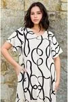Women's Plus Size Ecru & Black Print Viscose Dress — Short Sleeve, Pockets & Frill Hem
