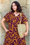 Women's Plus Size Purple Print Viscose Dress — V-Neck, Pockets & Frill Hem