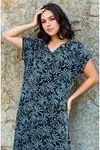Women's Plus Size Petrol Blue Tropical Print Viscose Dress — V-Neck Ring Detail, Pockets & Short Sleeve