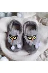 Boys' Animal Character Grey Plush Slippers — Winter House & Nursery Shoes with Non-Slip Sole