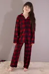 Kırmızı Kışlık Ekoseli Uzun Kol Düğmeli Kız Erkek Çocuk Pijama Takımı