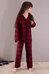 Kırmızı Kışlık Ekoseli Uzun Kol Düğmeli Kız Erkek Çocuk Pijama Takımı